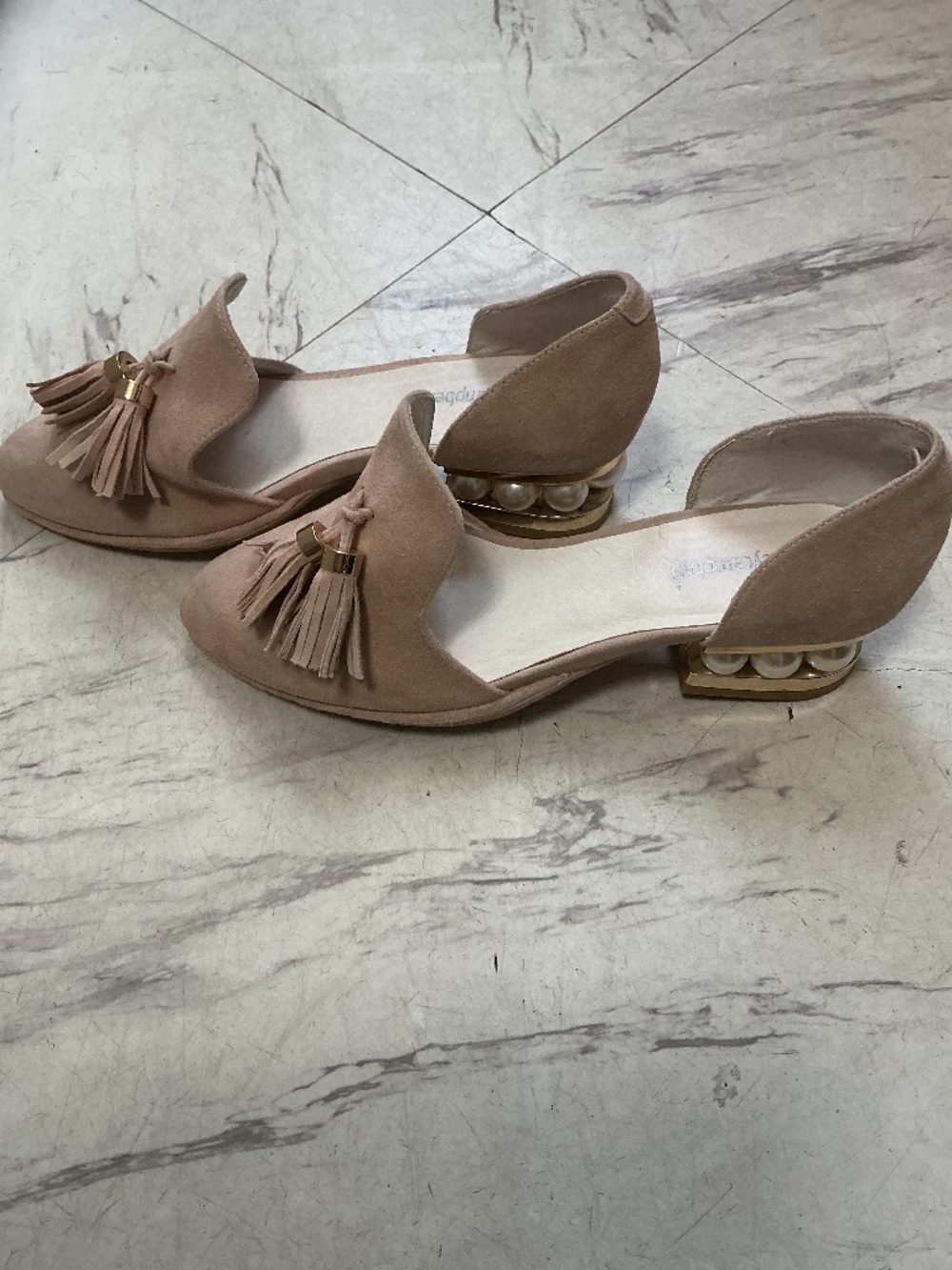 Jeffrey Campbell Civil Pearl Heel Loafer Pink Suede Cutout With Tassel